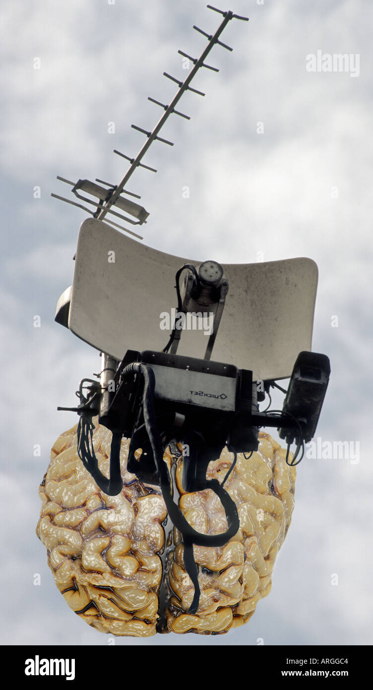 Human brain floating in the sky SATELLITE DISH ATTACHED AERIAL Stock