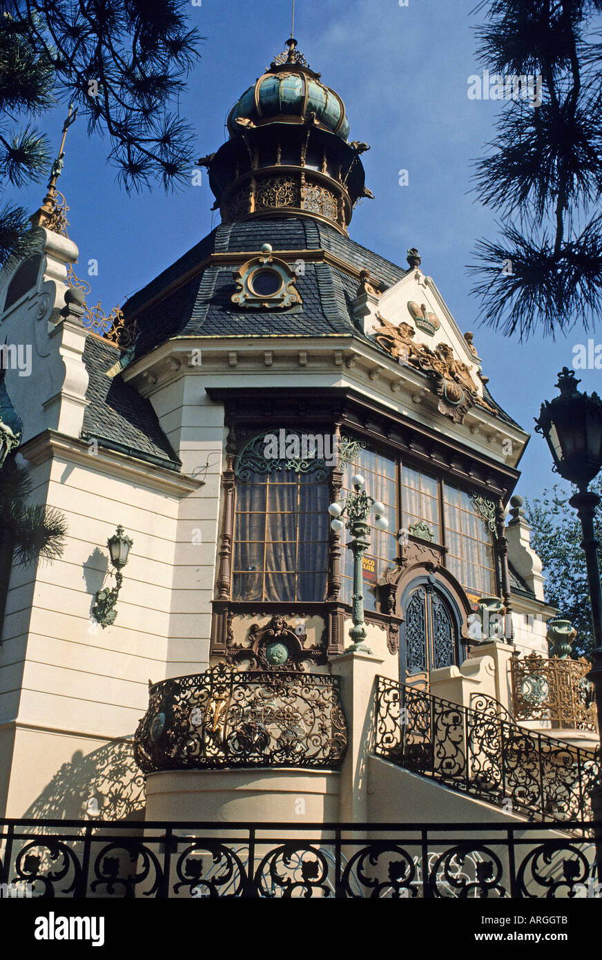 The dome and ornate facade of the Hanava Pavilion Hanavsky Pavilion an art neuveau exhibition piece moved into the surroundings of Letna Park in 1898 Prague Stock Photo