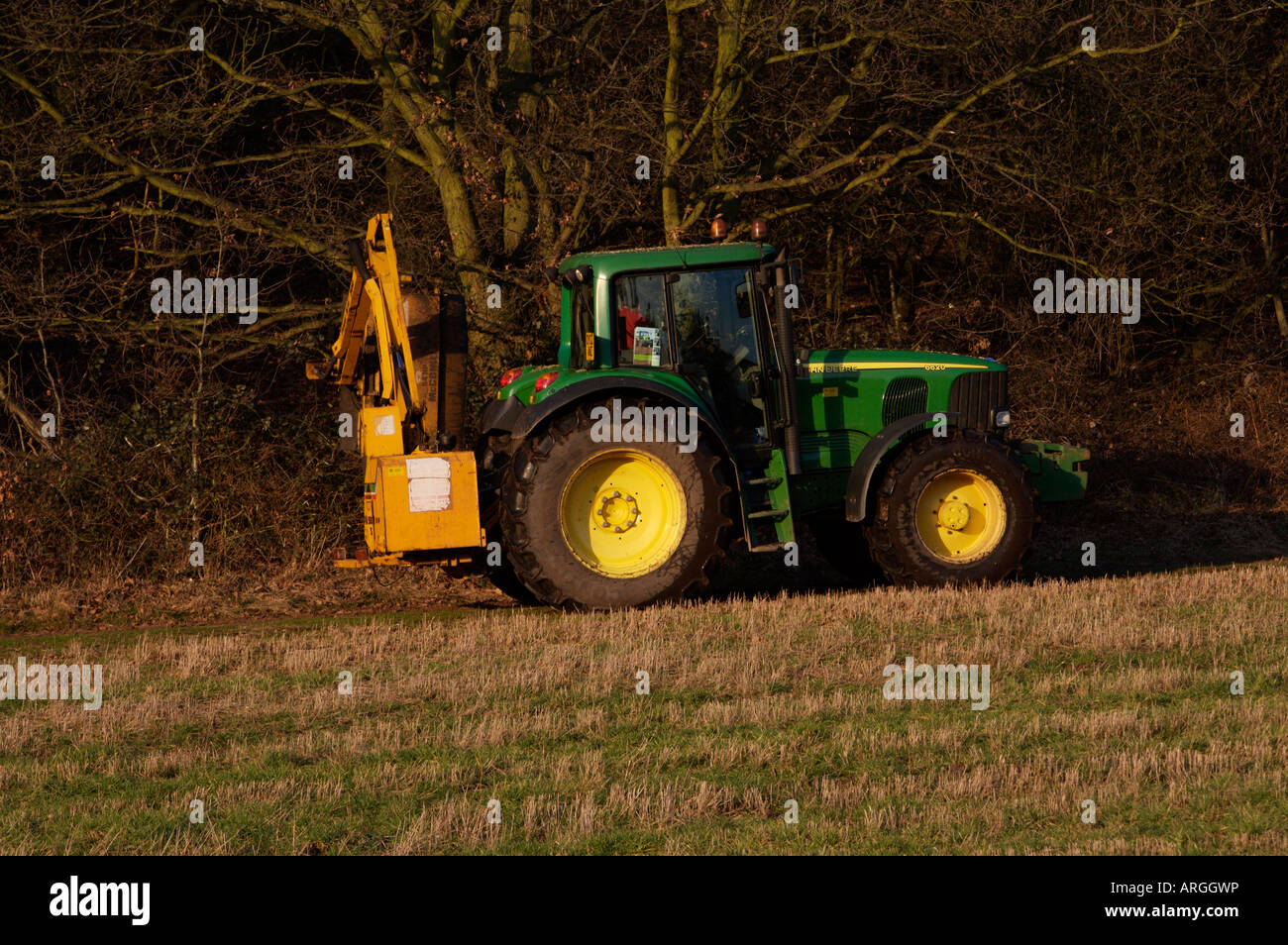 Hedge Cutting using a John Deere Tractor with rear mounted flail cutter UK Stock Photo