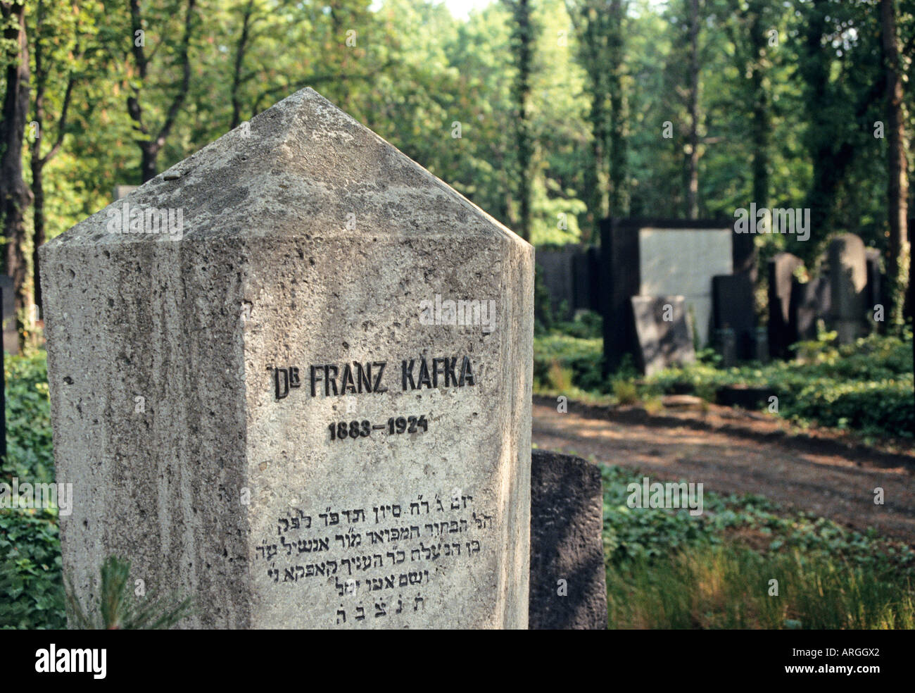 Detail of the inscription on the stone marking the burial place of the author Franz Kafka 1883 1924 and his parents in the wooded surroundings of the New Jewish Cemetery Prague Stock Photo
