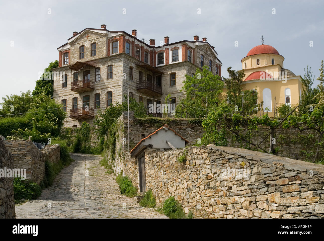 The representative house (konaki) of monastery Zographou at Karyes, Mount Athos, Halkidiki, Greece Stock Photo