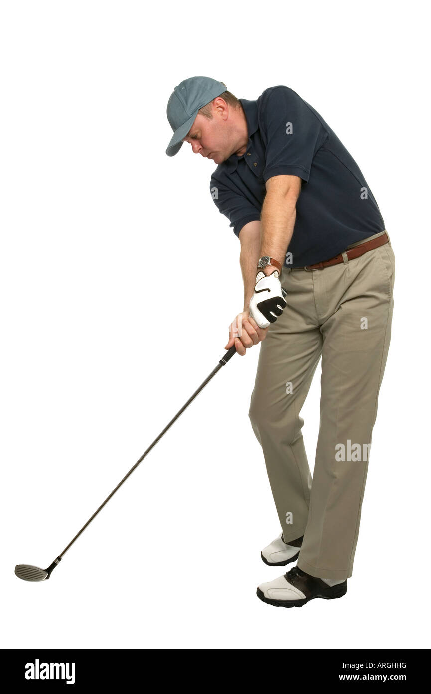 This golf image demonstrates a perfect example of keeping your head still and your eye on the ball when taking a shot Stock Photo