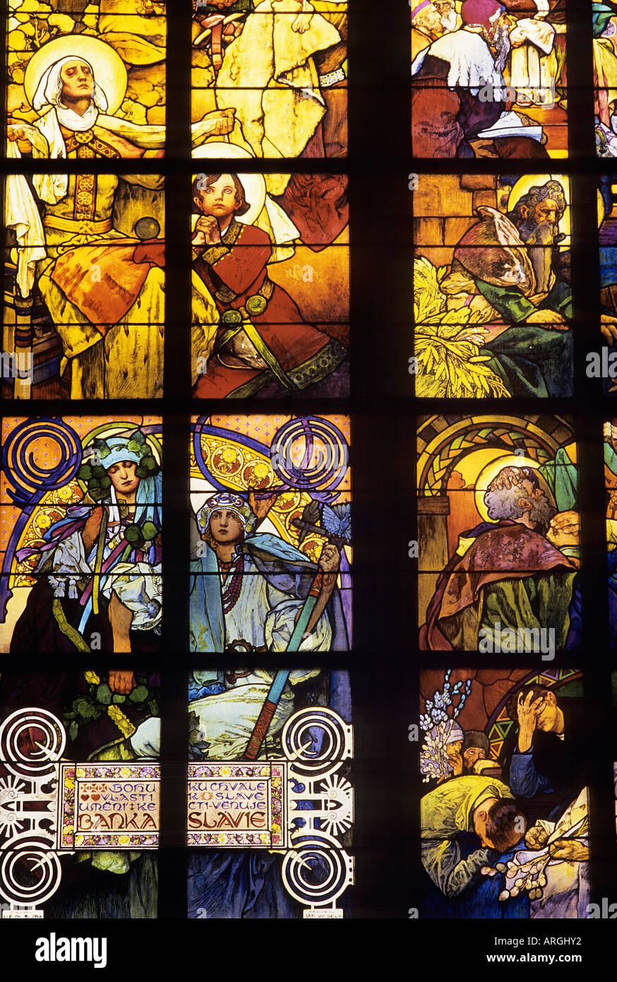 Detail of the Alfons Mucha Art Nouveau stained glass window in St Vitus
