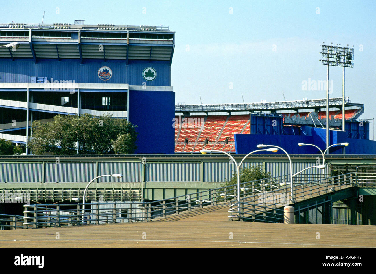 The exterior of Shea Stadium in Queens with its elevated walkways