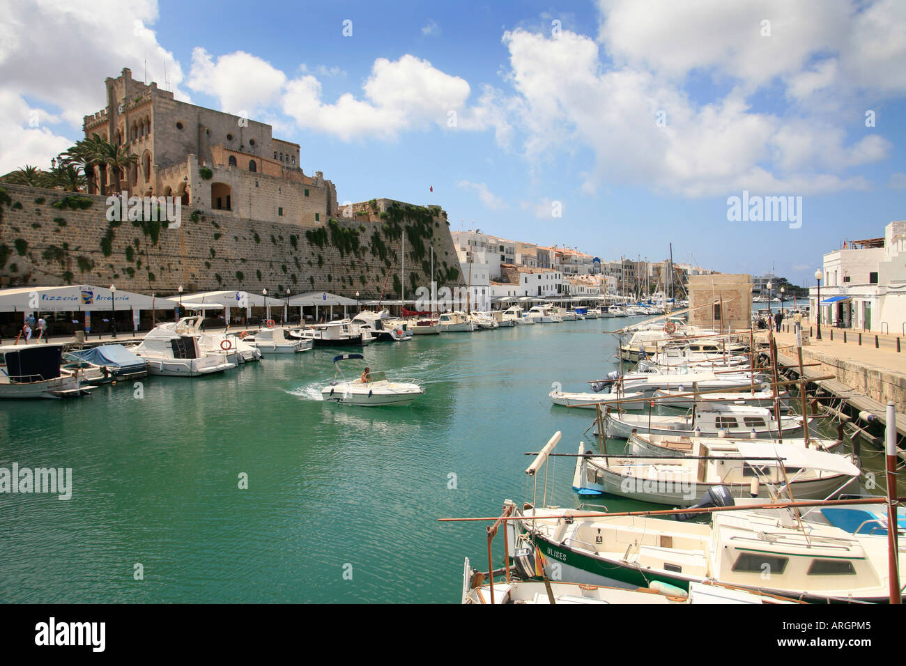 The quayside at Cales Fonts, Es Castell, Nr Mao, Menorca, Balearic Isles, Spain. Stock Photo