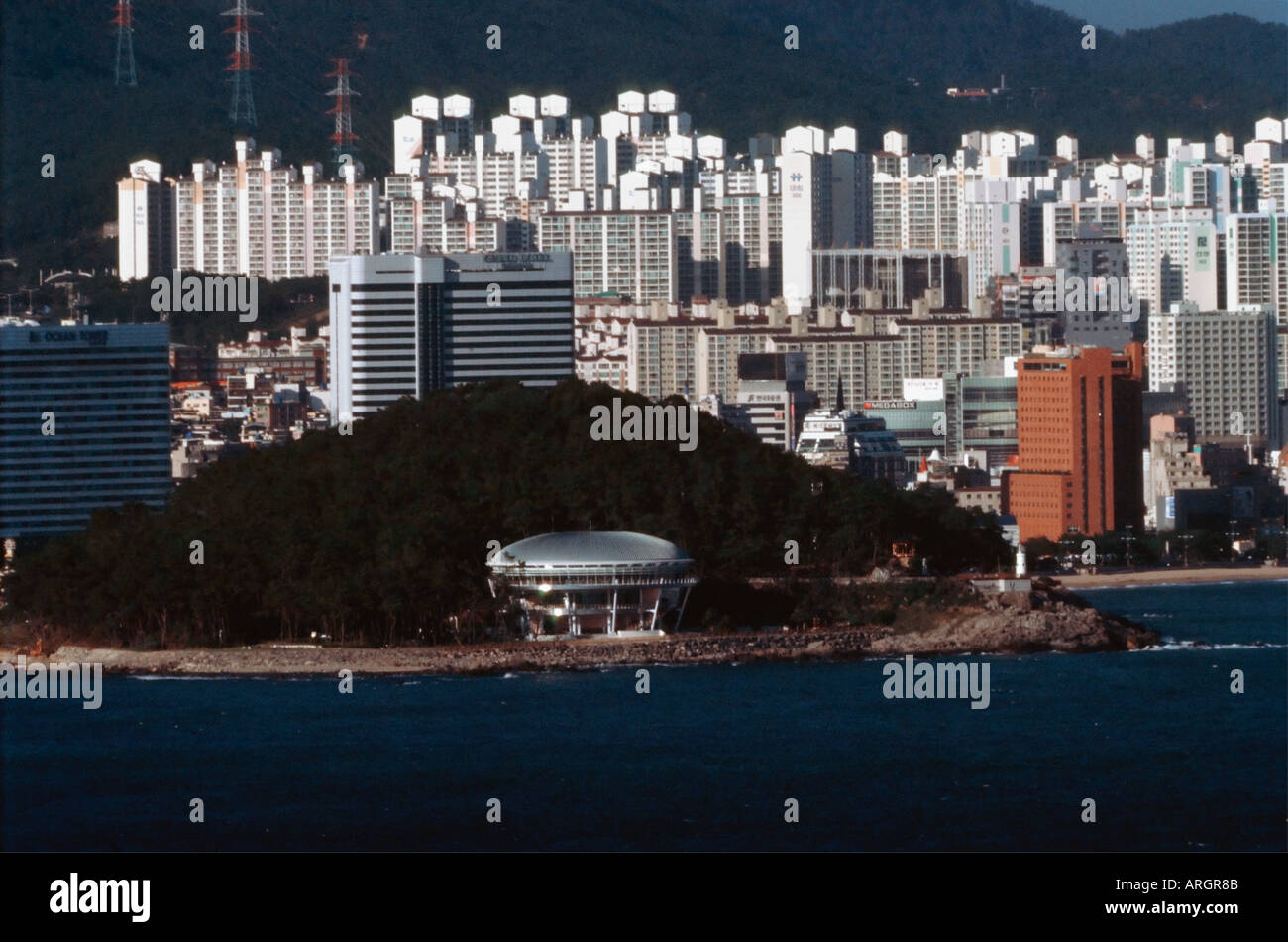 Nurimaru APEC meeting venue in Busan South Korea with Haeundae Beach in the background Stock Photo