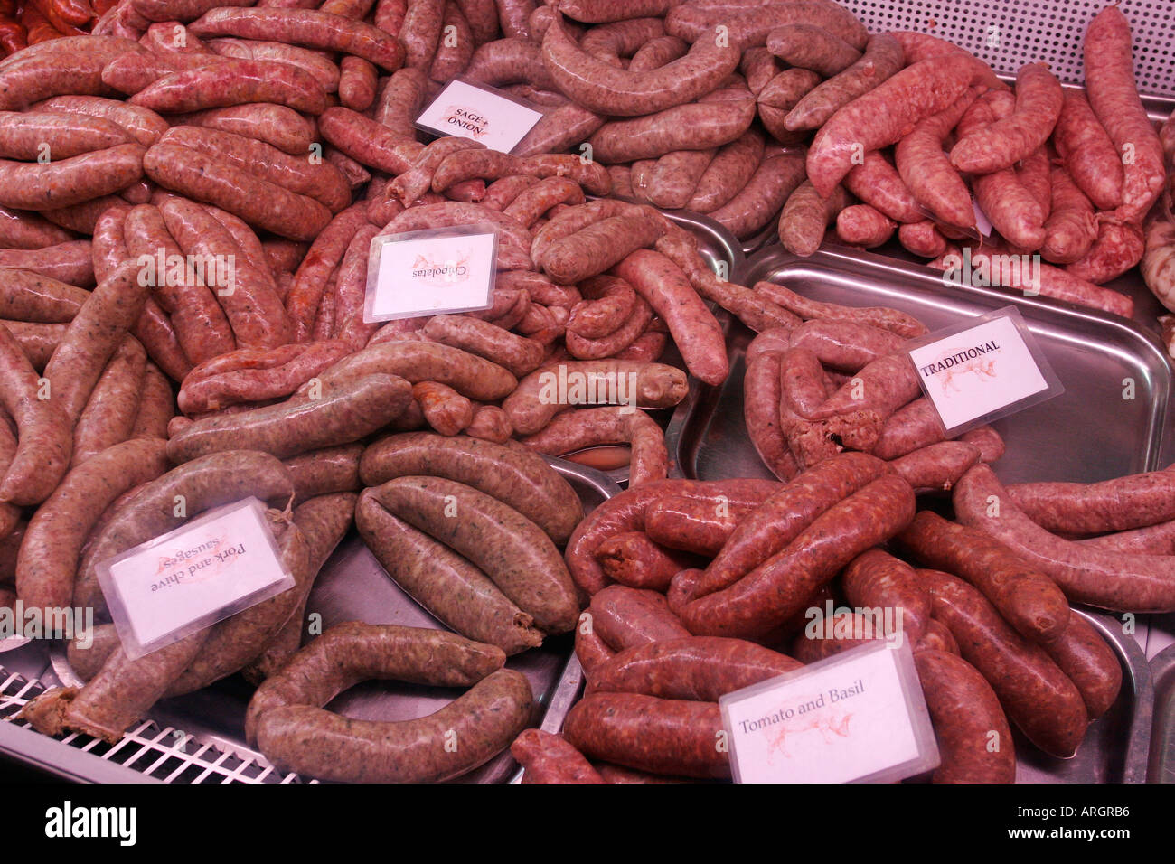 Sausages on display at the Ginger Pig Butchers at Borough Market London