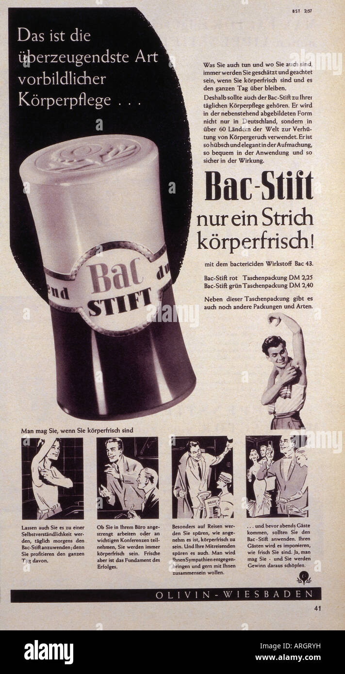 advertising, cosmetics, deodorant, 'Bac', 'Film und Frau' 13, 1957,  Germany, 20th century, , Stock Photo