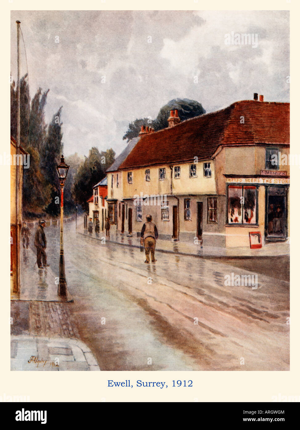 Ewell Surrey 1912 watercolour of a rainy day in the Surrey country village now part of the London suburbs Stock Photo