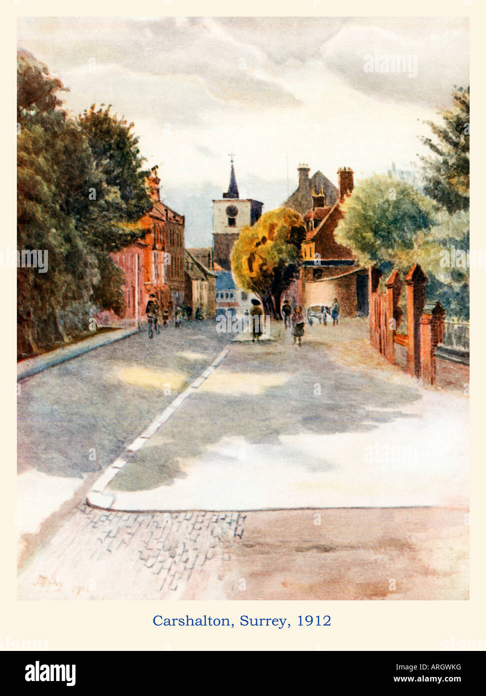Carshalton Surrey 1912 watercolour of the main street in the Surrey village now a suburb of London Stock Photo