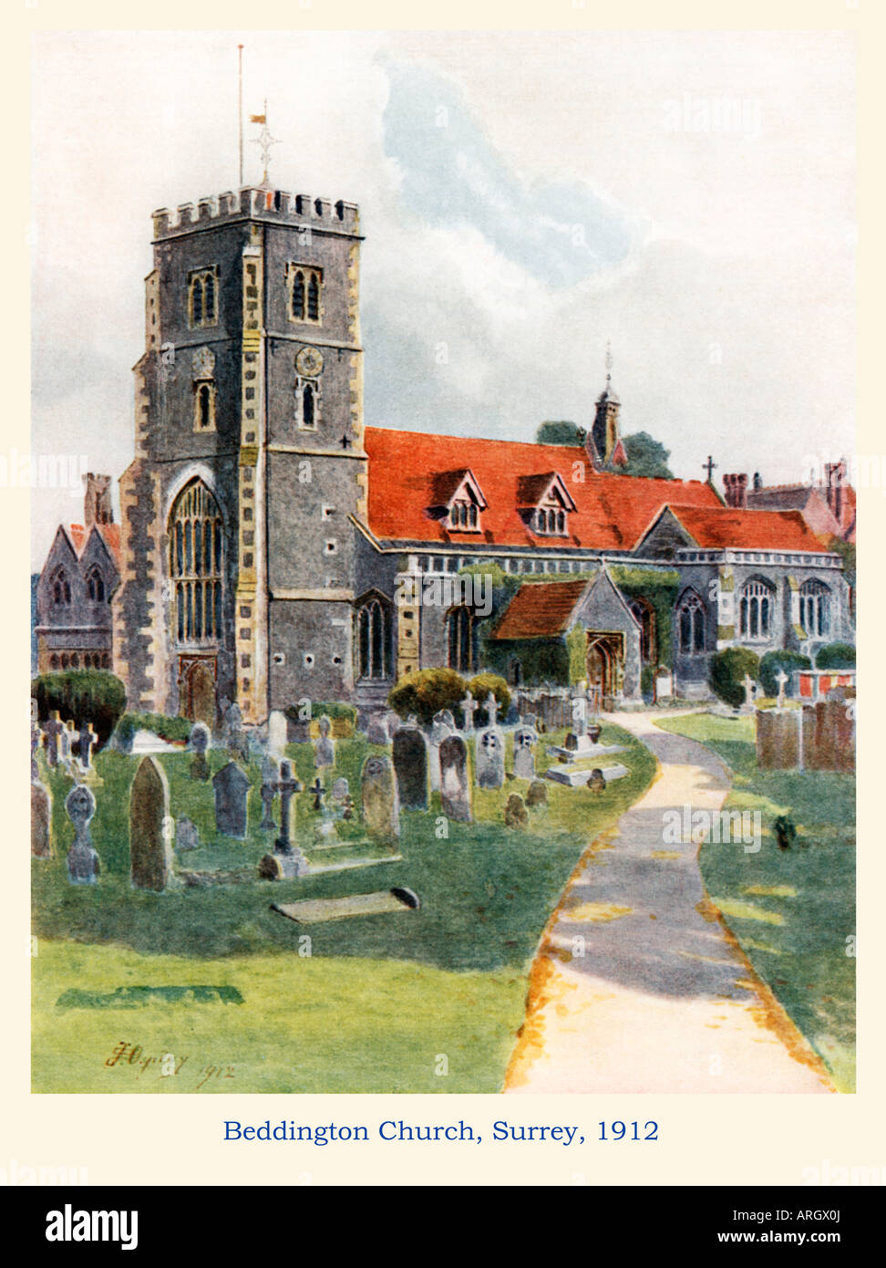 Beddington Church 1912 watercolour of the medieval church between Croydon and Mitcham in Surrey Stock Photo