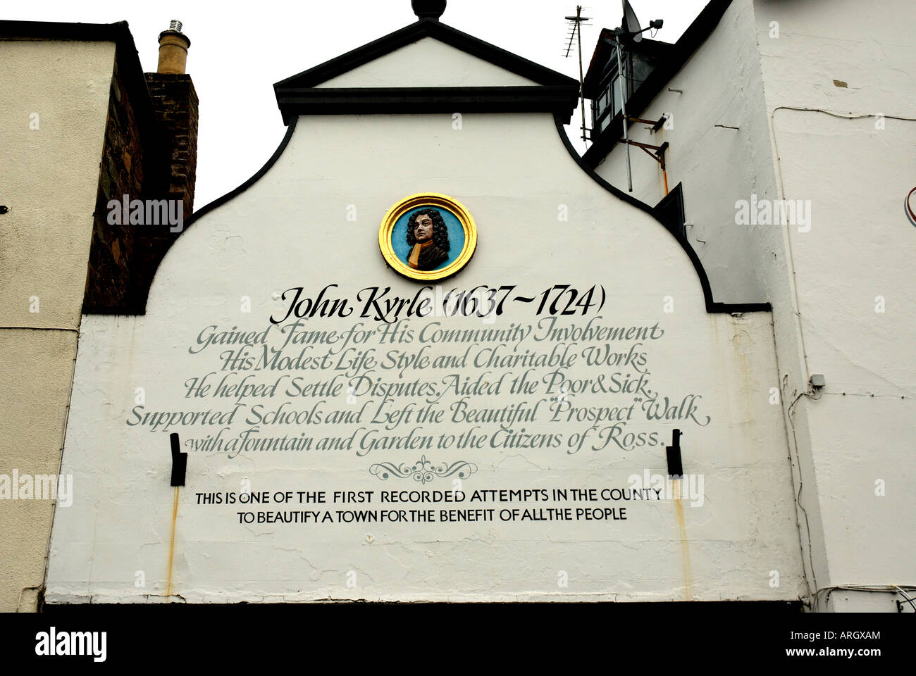 The inscription to John Kyle the 'Man of Ross' on the inn 'The Man Of Ross', Ross on Wye Herefordshire Stock Photo