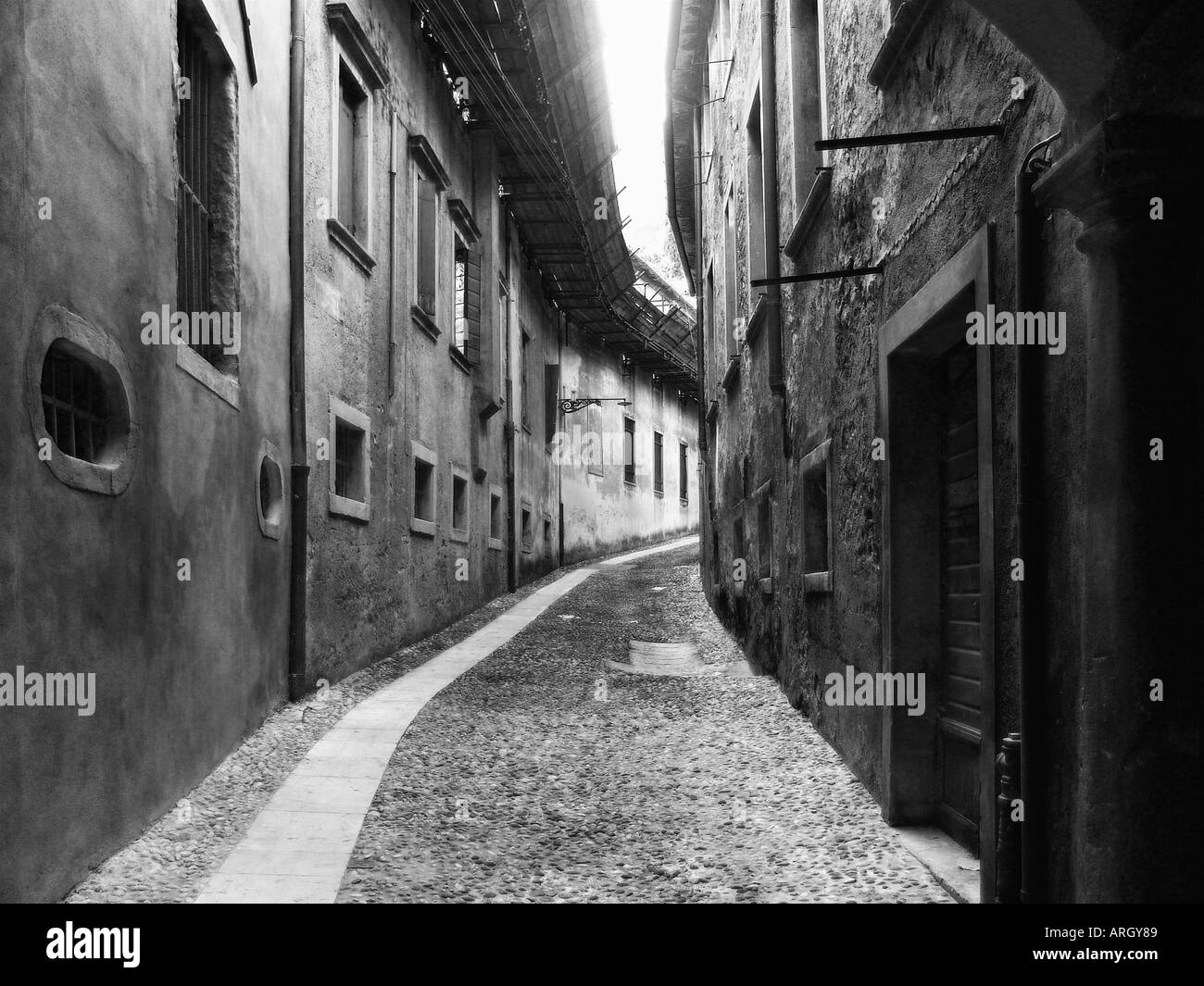 A Quiet Cobbled Street in Vittorio Veneto, Italy Stock Photo