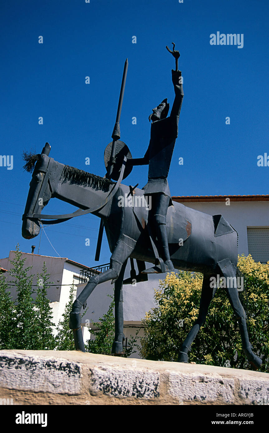 A modern angular statue of errant knight Don Quixote on his faithful horse can be seen in Belmonte Stock Photo