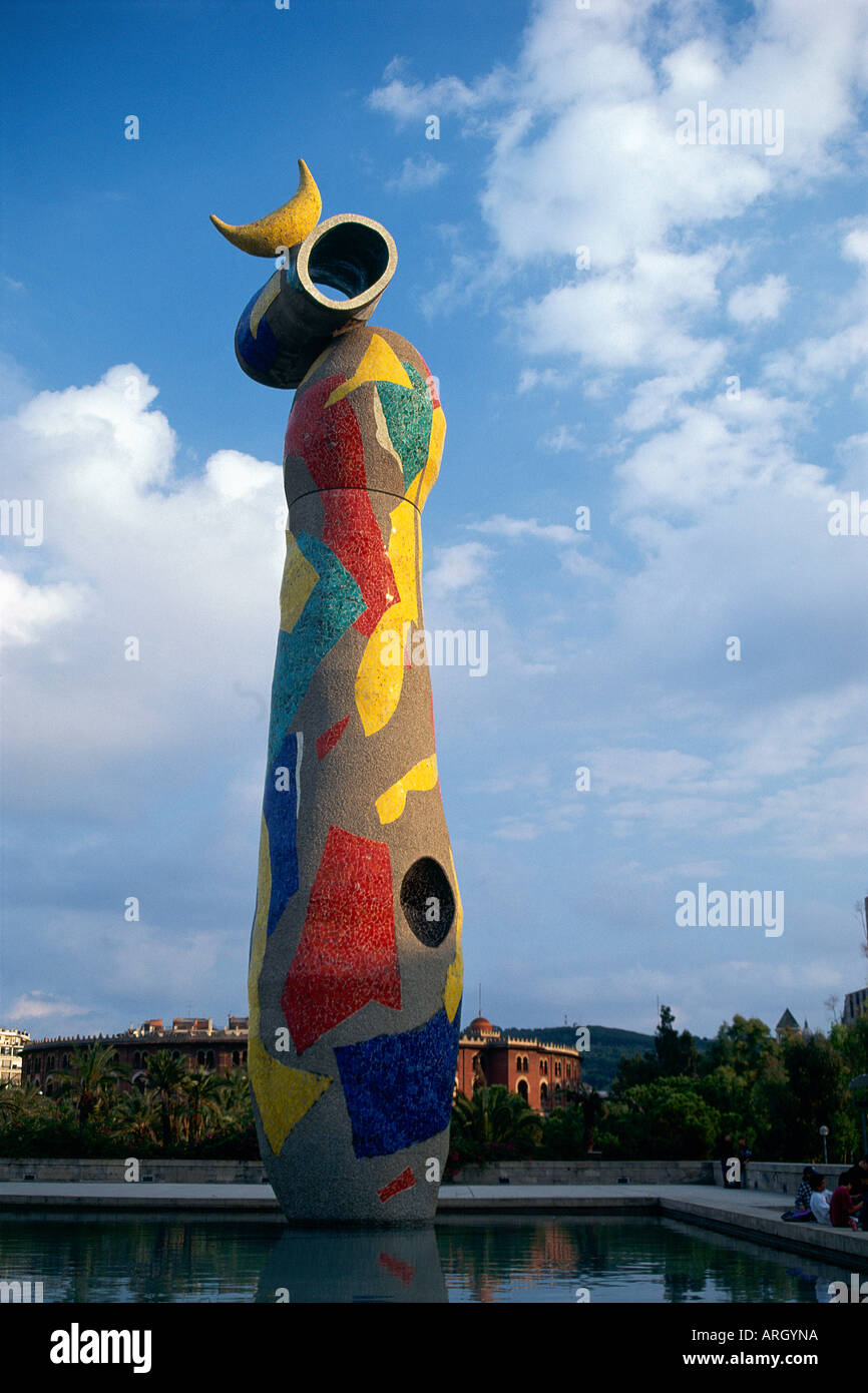 A colourful surrealistic sculpture entitled Woman and Bird by Miro in the Parc de Joan Miro Stock Photo