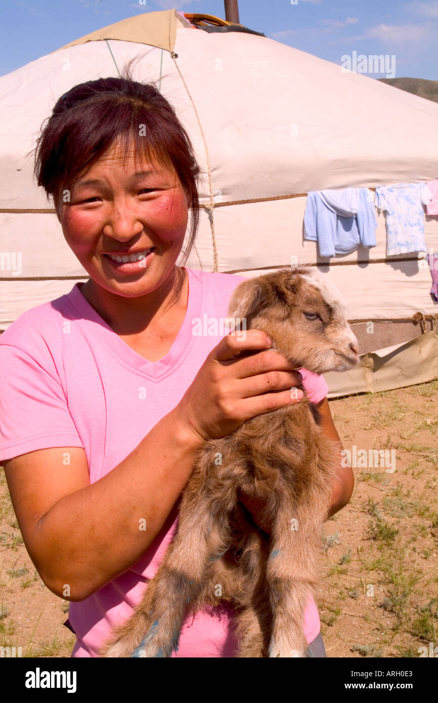Nomadic Woman with Goat in rural Mongolia Stock Photo - Alamy