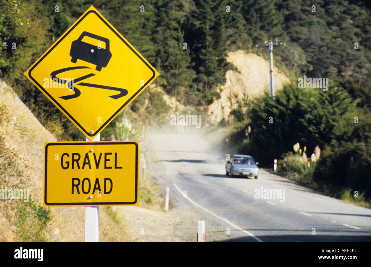 A road sign warning of the end of the sealed road and the beginning of