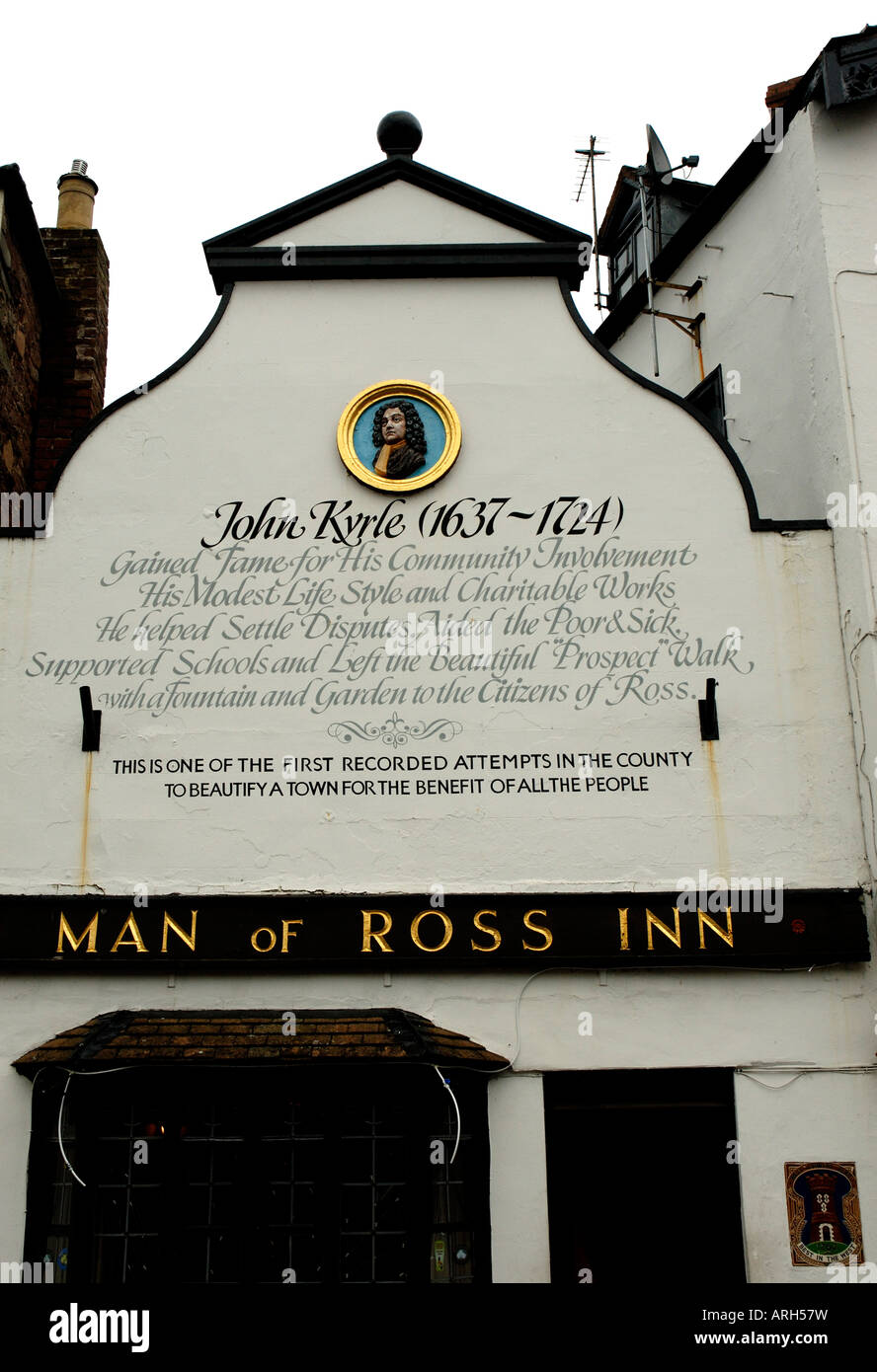 The inscription to John Kyle the 'Man of Ross' on the inn 'The Man Of Ross', Ross on Wye Herefordshire Stock Photo