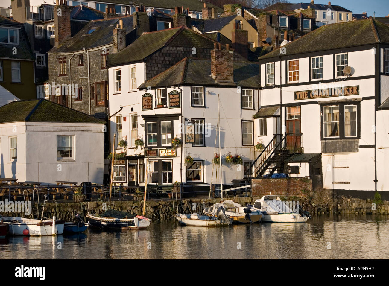 Falmouth, Cornwall, UK. View from Custom House Quay showing The Chain Locker public house, early morning Stock Photo