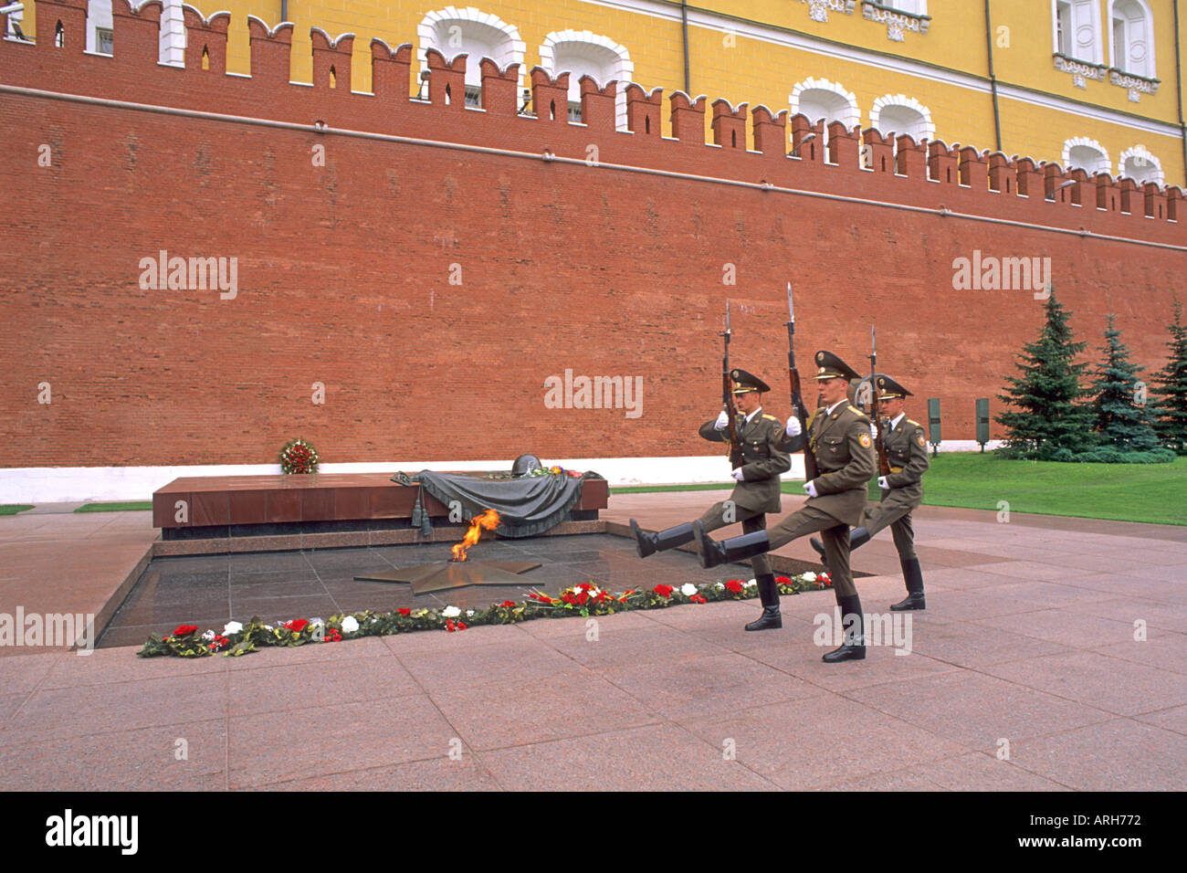 Famous Kremlin Wall Unknown Soldiers Flame Alexander Garden at Red Square in Moscow Russia Stock Photo
