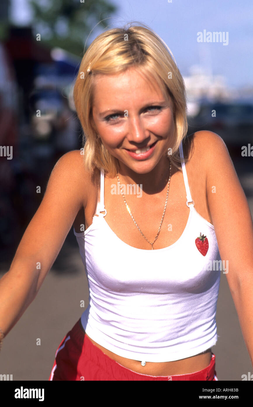 Beautiful Russian Girl on Bike in Red and White from Krasnoyarsk Stock