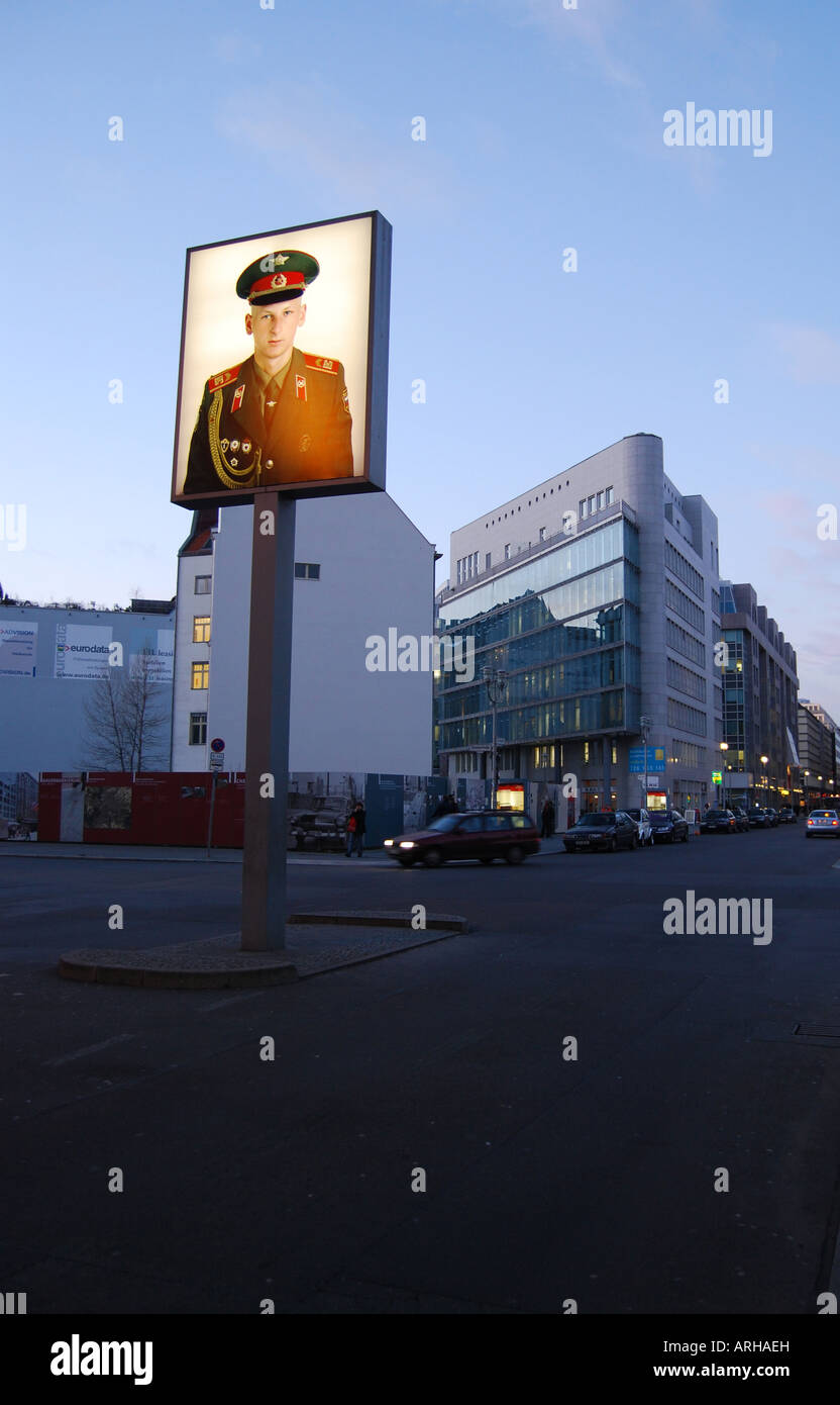 Checkpoint Charlie, at dusk in Berlin, Germany Stock Photo