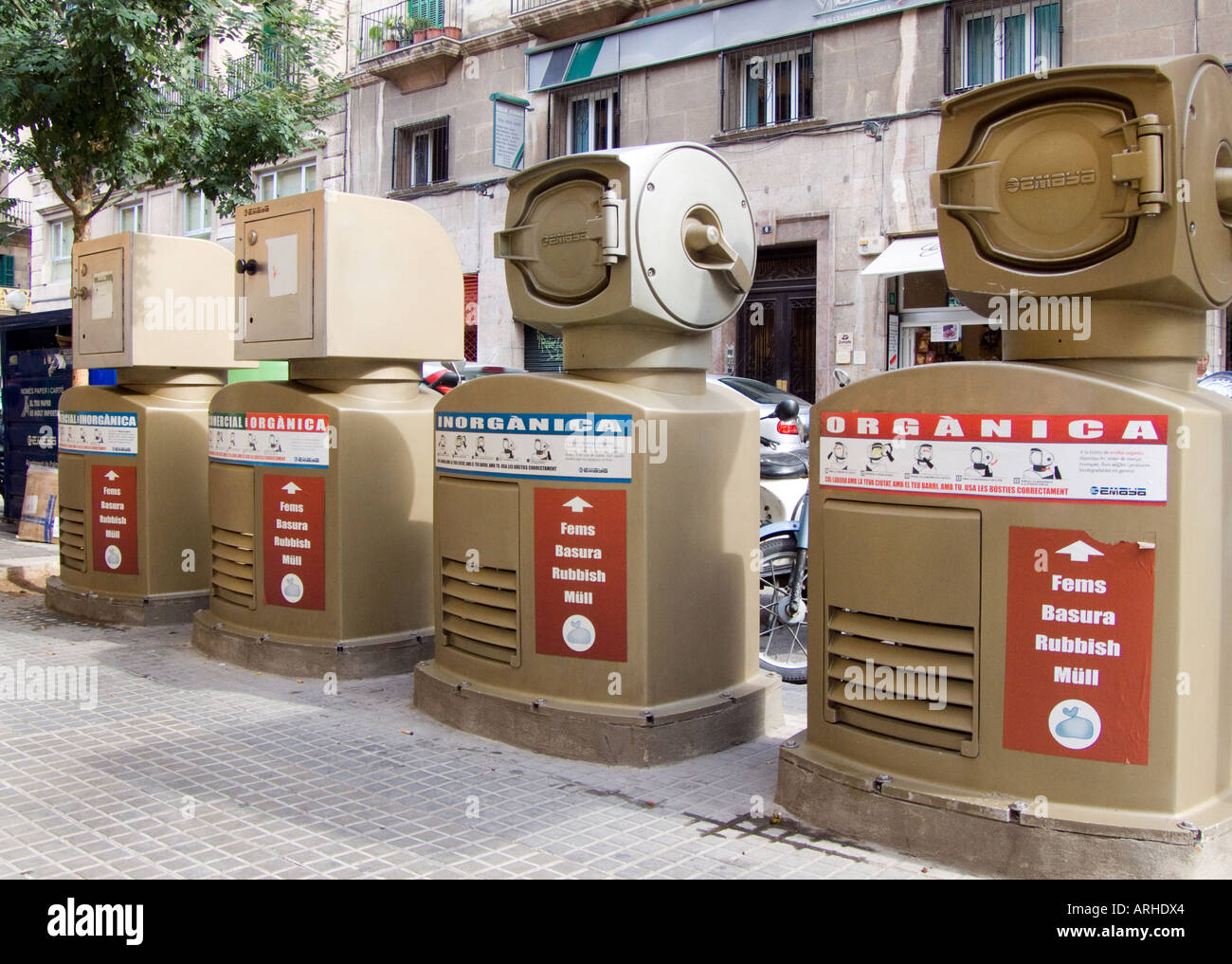 Palma Mallorca Spain Waste bins and recycling shutes in the city centre Stock Photo