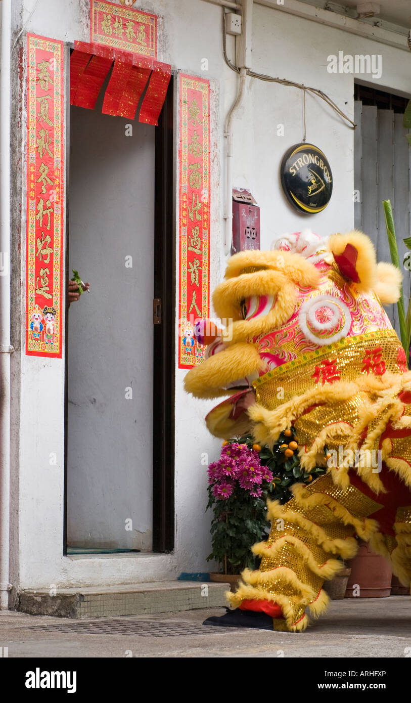 Chinese Lion Dance ceremony at Chinese New Year in Hong Kong. The lion is about to accept a 'Lai See' packet. Stock Photo