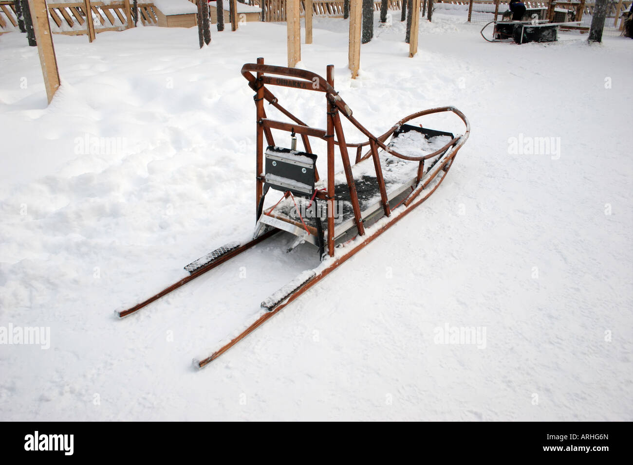 Rear View of a Dog Sled Showing Brake Lapland Northern Finland Stock Photo