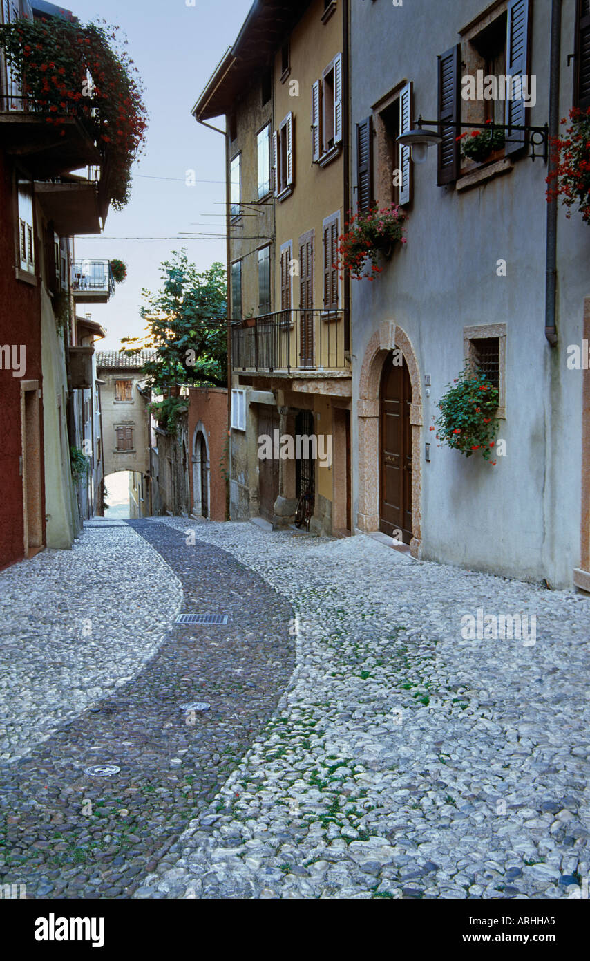 Narrow cobbled streets of Malcesine, Lake Garda, Italy Stock Photo