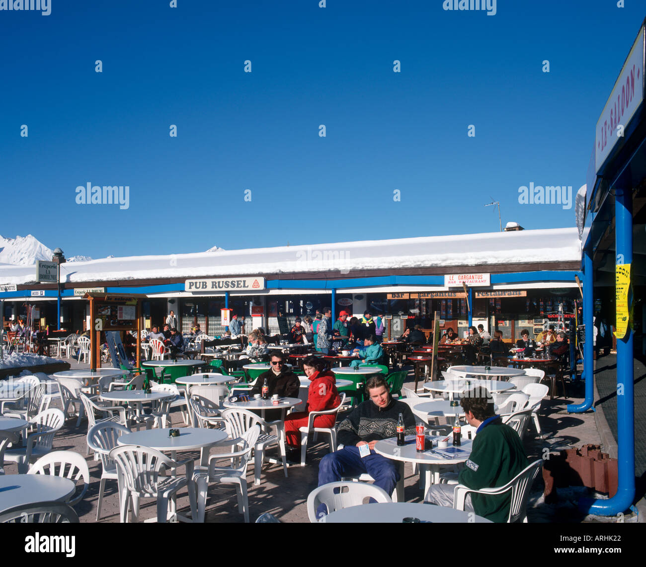 Outdoor cafe in the  Villards complex, Arc 1800, Les Arcs, Tarentaise, Savoie, French Alps, France Stock Photo