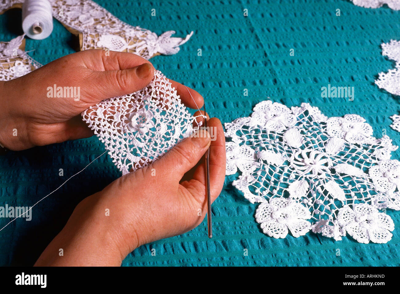 Lace making in County Monaghan introduced in the 19th century and still practiced in craft centres throughout the county Stock Photo