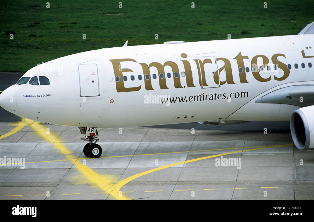 Emirates Airline Aibus A330-200 at Dusseldorf International Airport, North Rhine-Westphalia, Germany. Stock Photo