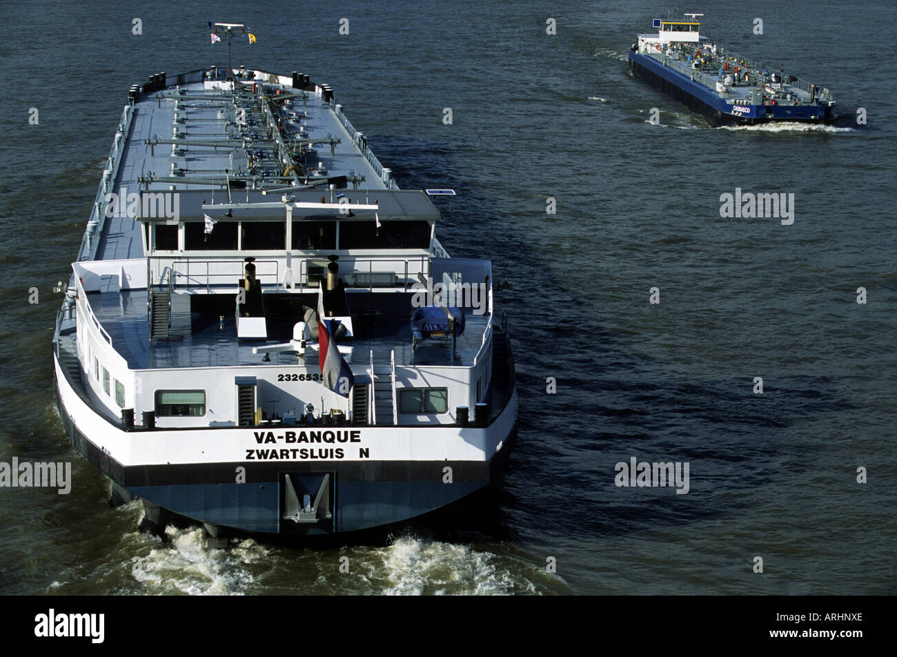Oil tanker bardge on the river Rhine in Cologne, North Rhine-Westphalia, Germany. Stock Photo