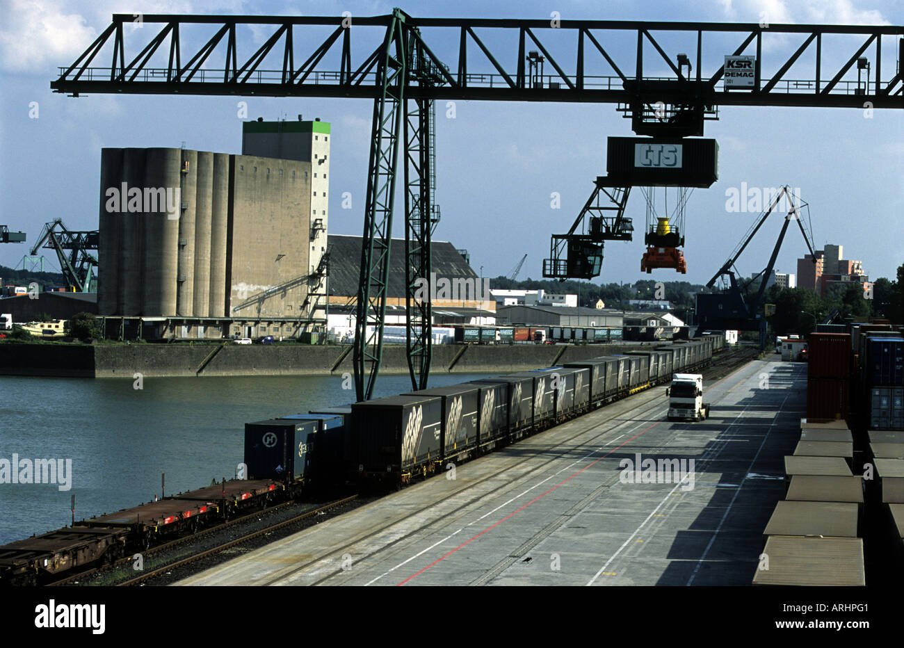 Niehl 1 container terminal on the river Rhine, Cologne, North Rhine-Westphalia, Germany. Stock Photo