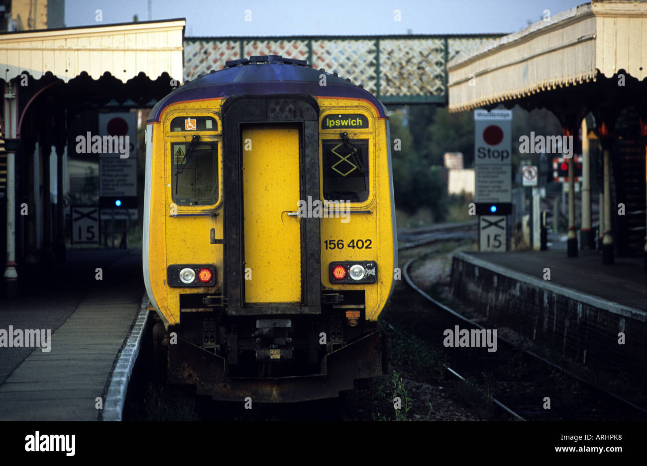 Local rail service from Ipswich to Lowestoft on the East Suffolk branch line, Woodbridge, Suffolk, UK. Stock Photo