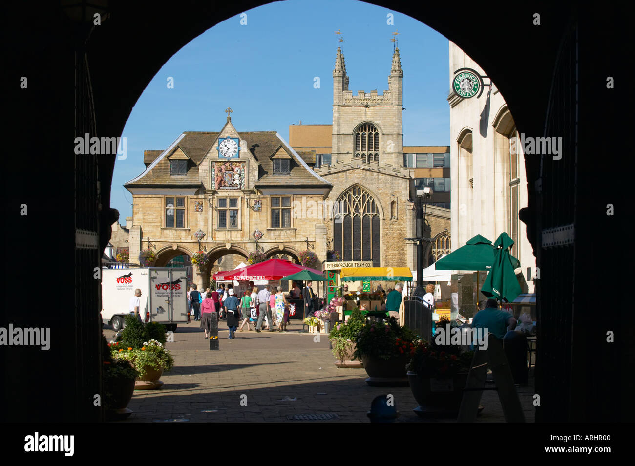Continental market in cathedral square Peterborough Stock Photo Alamy