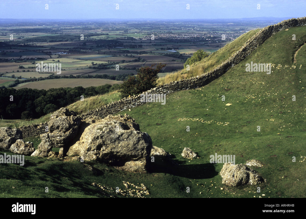 View from top of Bredon Hill towards River Avon plain, Worcestershire, England, UK Stock Photo