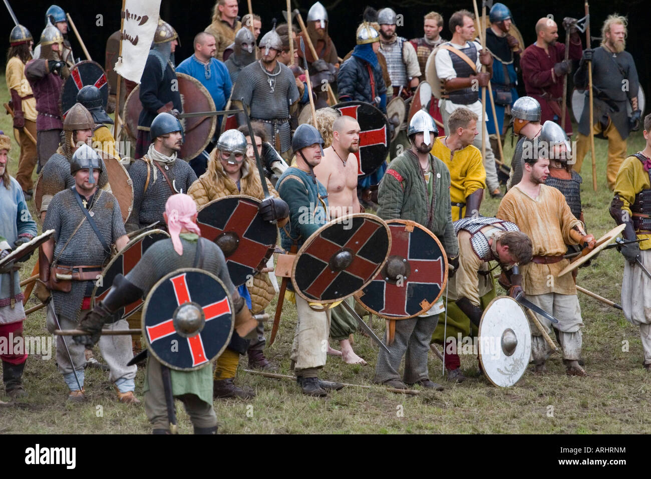 Viking warriors locked in battle at a re-enactment festival in Denmark Stock Photo