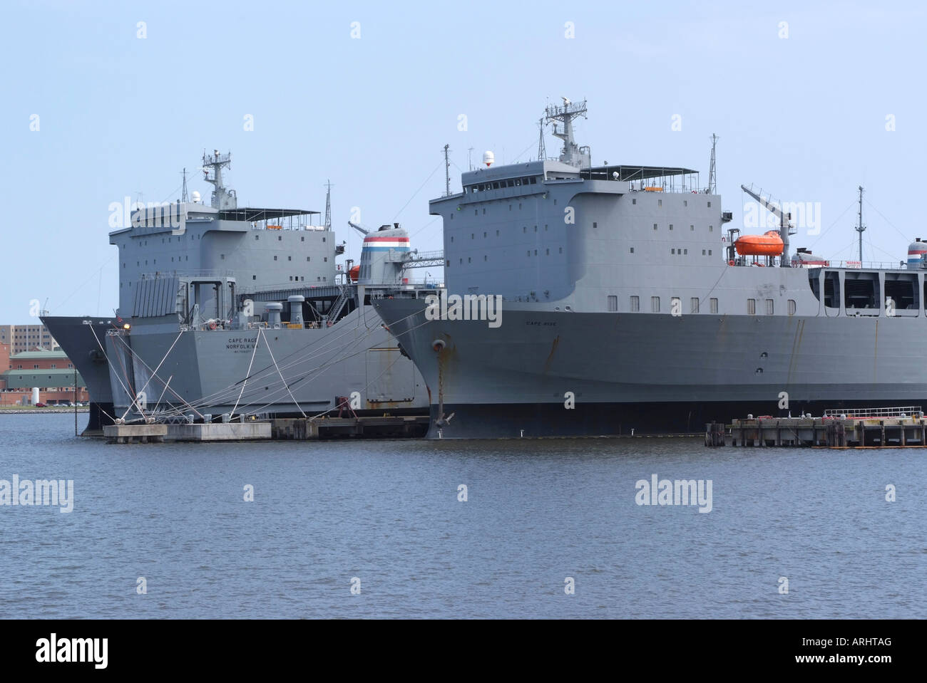 Ready Reserve Force Ships of United States Navy Cape Ray Cape Rise and Cape Race Docked at Norfolk Naval Base Virginia USA Stock Photo