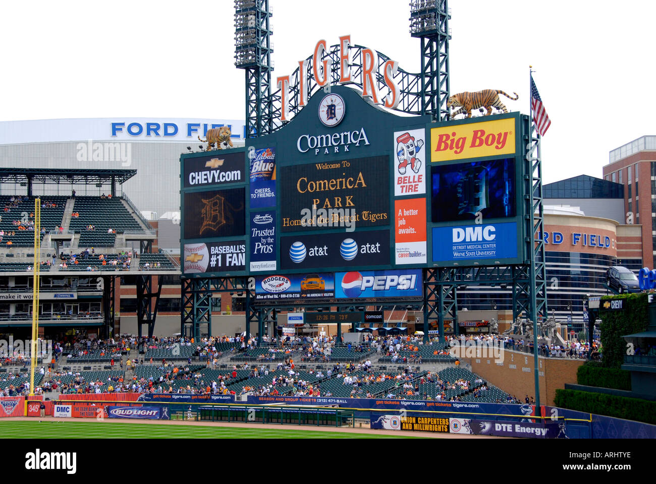 Scoreboard at a Detroit Tiger Professional Baseball game at Comerica Park Detroit Michigan Stock Photo