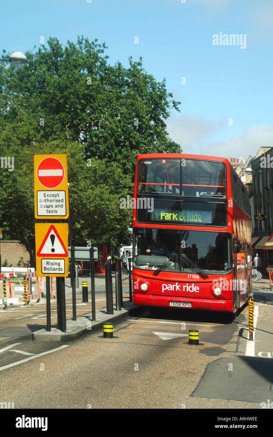 Cambridge university town park and ride bus entering restricted traffic