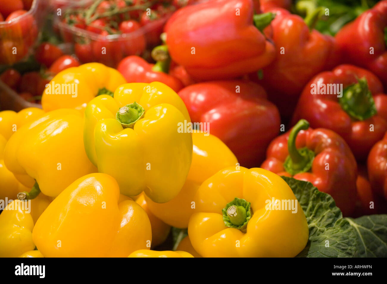 red and yellow pepper in la boqueria market Stock Photo - Alamy