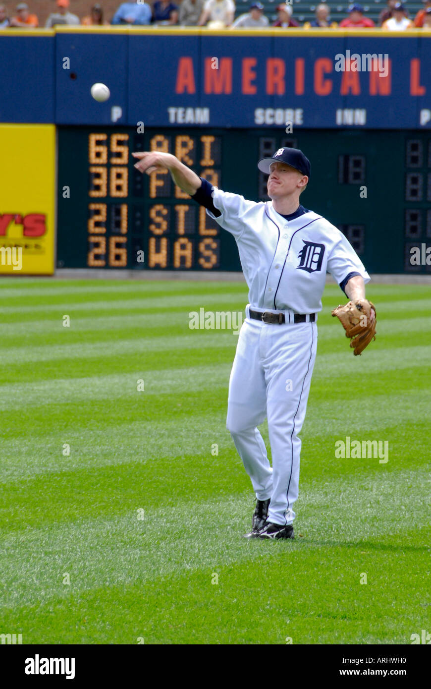 Warm up and stretching exercises prior to a Detroit Tiger Professional Baseball game at Comerica Park Detroit Michigan Stock Photo