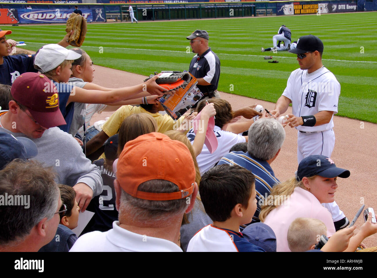 Players sign autographs prior to a Detroit Tiger Professional major league Baseball game at