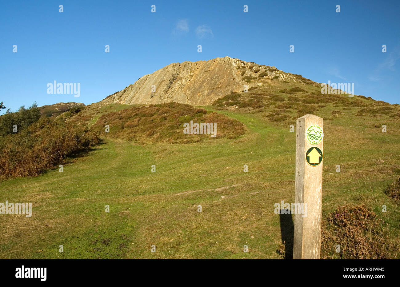 View from the North Wales coastal  Footpath towards the peak of Conwy Mountain Stock Photo
