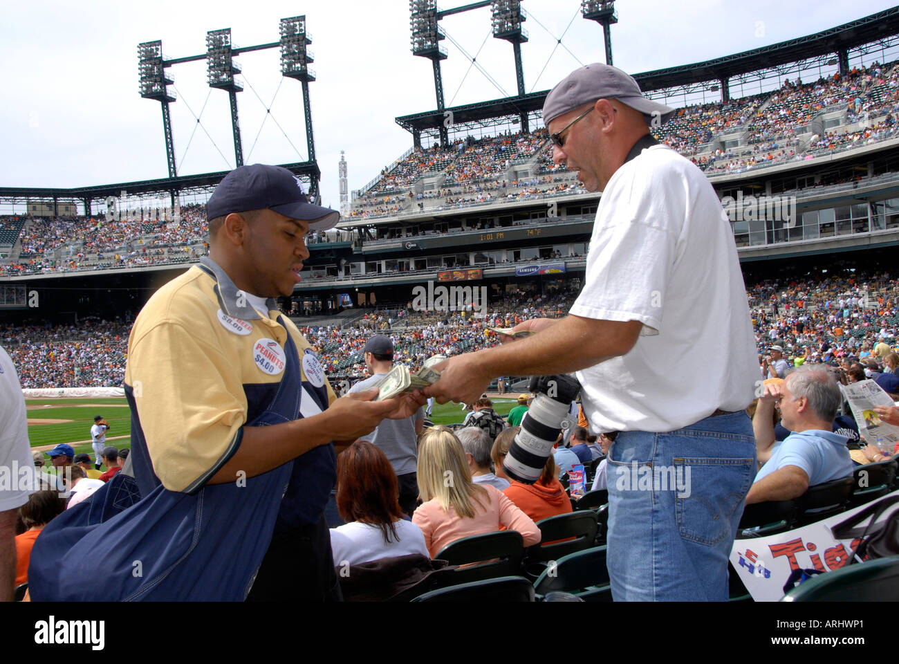 Vendors sell beer and other refreshments at a Detroit Tiger Professional Baseball game at Comerica Park Detroit Michigan Stock Photo
