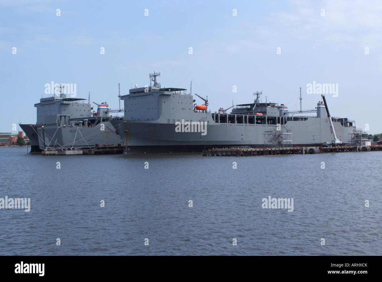Ready Reserve Force Ships of United States Navy Cape Ray Cape Rise and Cape Race Docked at Norfolk Naval Base Virginia USA Stock Photo