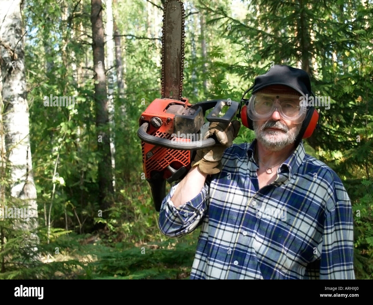 lumberman man with a power saw chain saw safety protective goggles and earmuffs coming out from forest Stock Photo