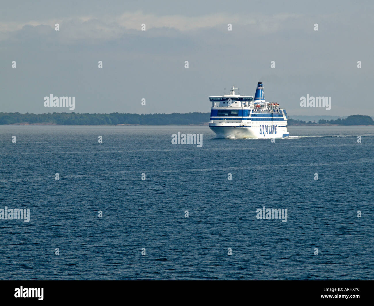 ferry of the shipping company Silja Line on Baltic Sea on the way from Finland to Sweden in the archipel skerries of Aland Ahven Stock Photo